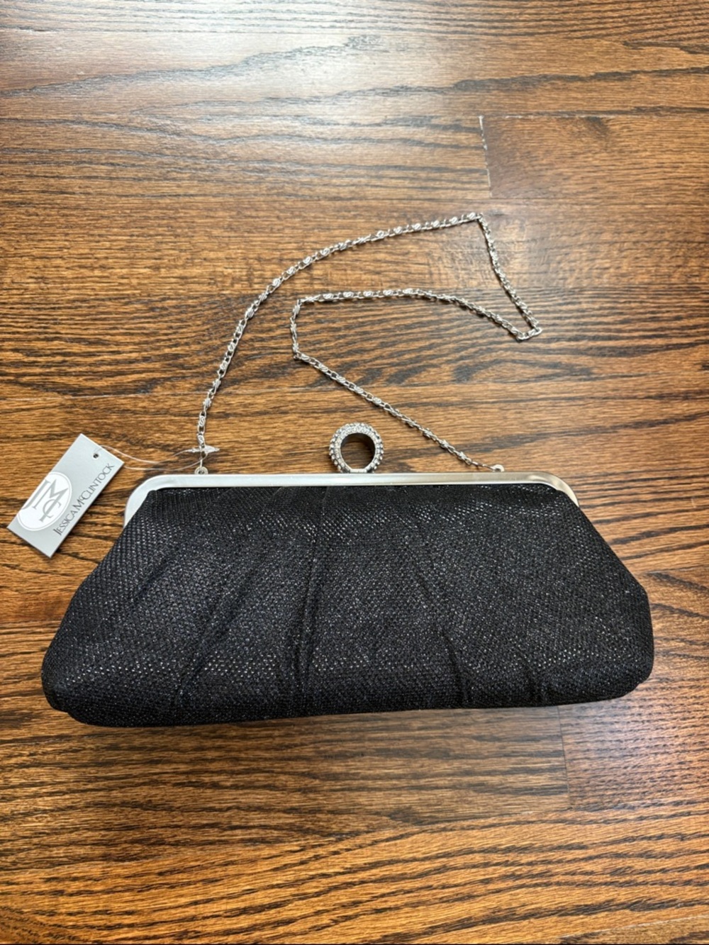 NWT, Jessica McClintock Black Glitter Evening Clutch with Chain!